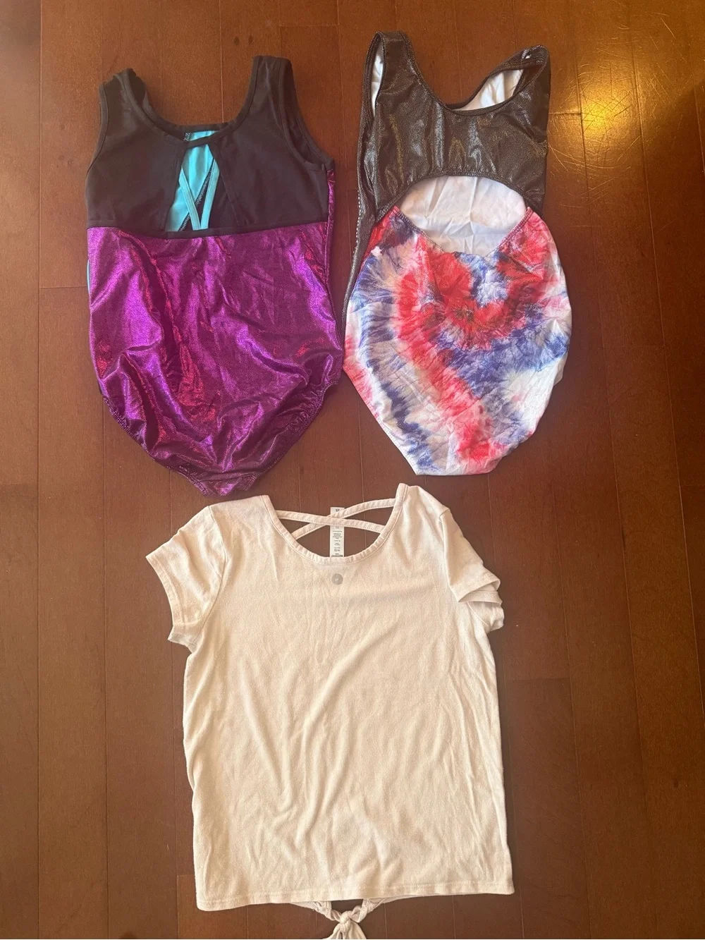 Girls Purple Metallic Gymnastics Leotard tie dye red white blue leo & pink tshir